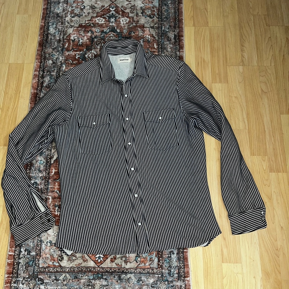 Taylor Stitch Hickory blue navy vertical Stripe Glacier Shirt 42 L French terry